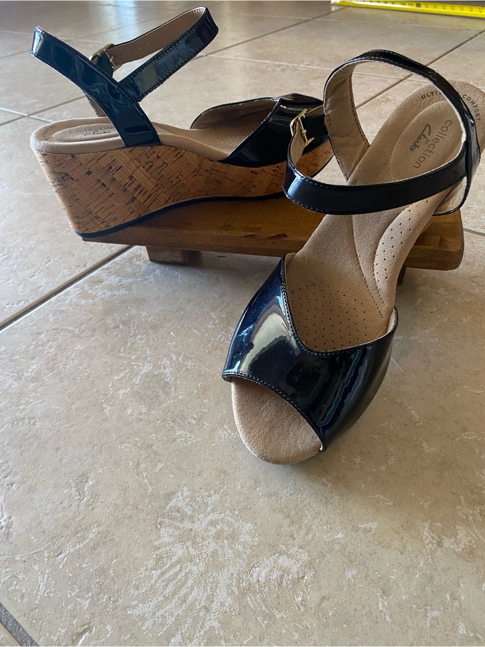Clarks Black Patent Cork Wedge Sandals
